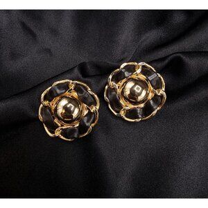 Rare Find Vintage 1990's Ellen Design Gold & Black Leather Clip-On Earrings
